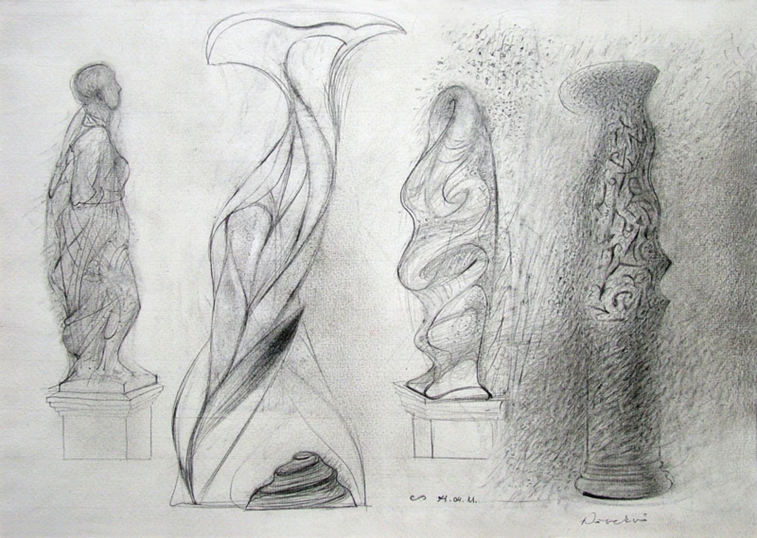 Four studies of Cegled Town Hall sculptures I., 1994 - paper, pencil, 28 x 40 cm