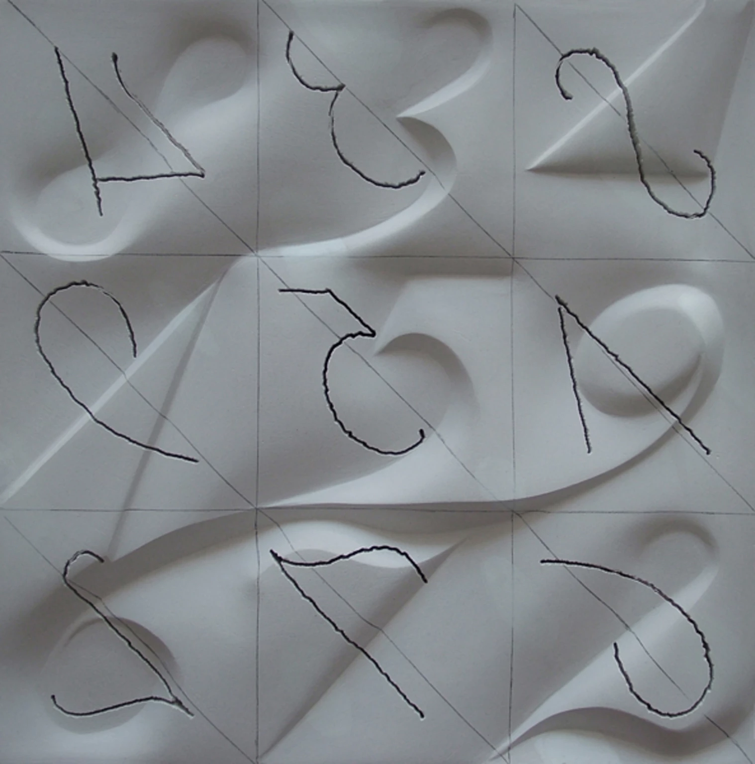 Bűvös négyzet, 1990 - kétoldalas dombormű, gipsz, 30 x 30 cm